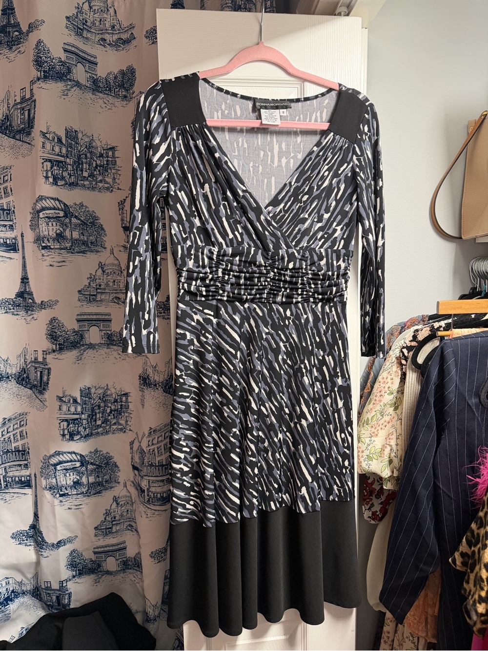 Perfect Office Dress Donna Morgan Black and White Patterned Faux-Wrap Midi Dress